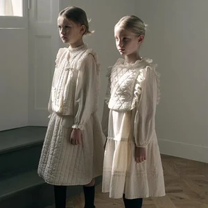 Custom Printed Elegant Vintage Princess Dress for Girls O-Neck Lace Sequins Solid Summer Fashion for Children