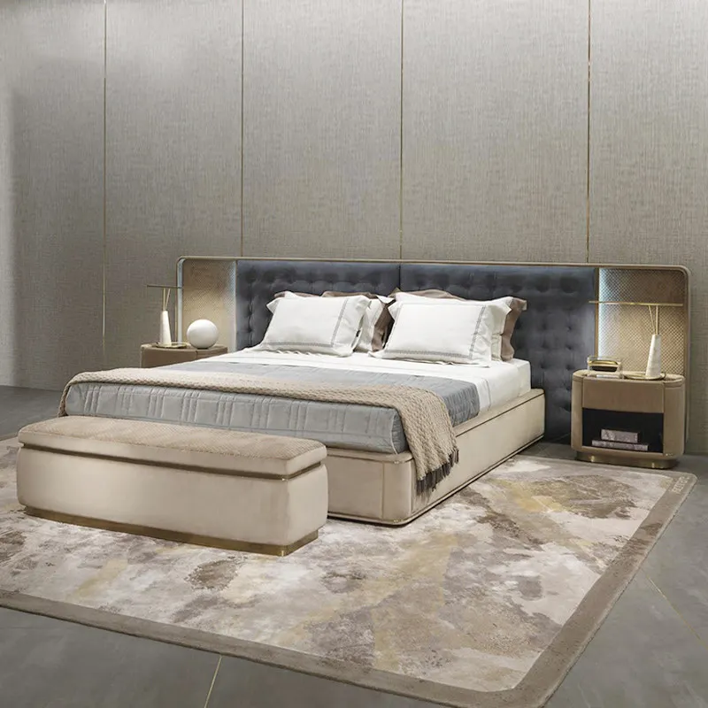 Contemporary Wood Frame Double King Size Leather Luxury Bed Home Suite Modern Wooden Queen Full Bedroom Furniture Set