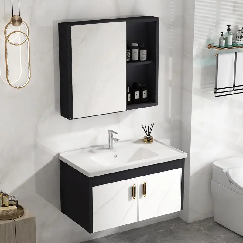 Hotel furniture bathroom vanity sink aluminum cabinet sintered stone wash basin modern bathroom cabinet with mirror factory