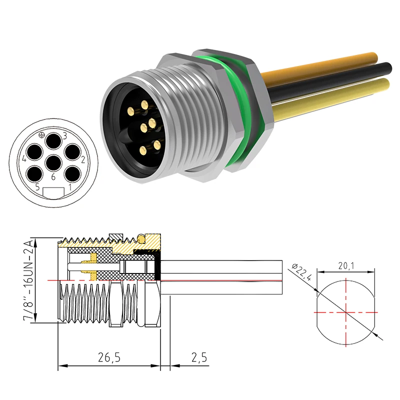 7/8 aviation plug 3 4pin 5hole 6pin waterproof Watertight connector IP68 assembled Metal 7/8 power connector Male connectors