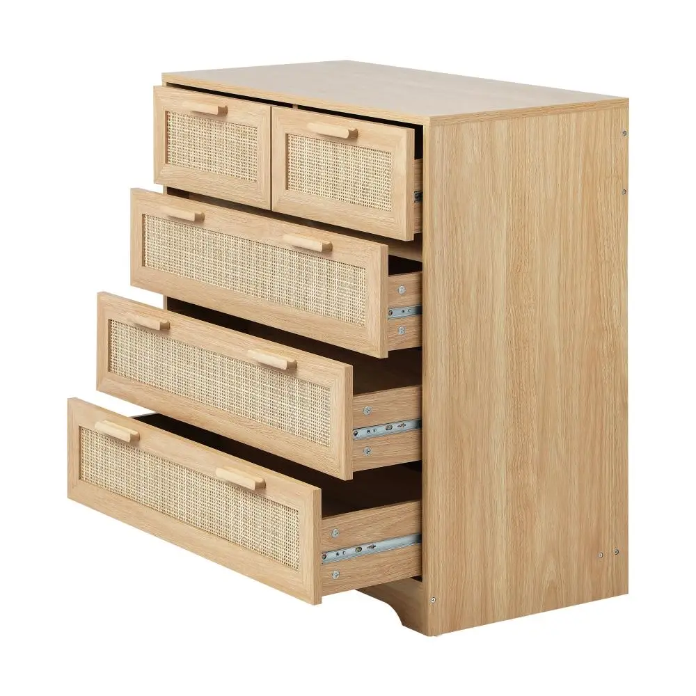 Japanese Rattan Front Chest of Drawers Wooden Storage Sideboard with 5 Drawers for Living Room