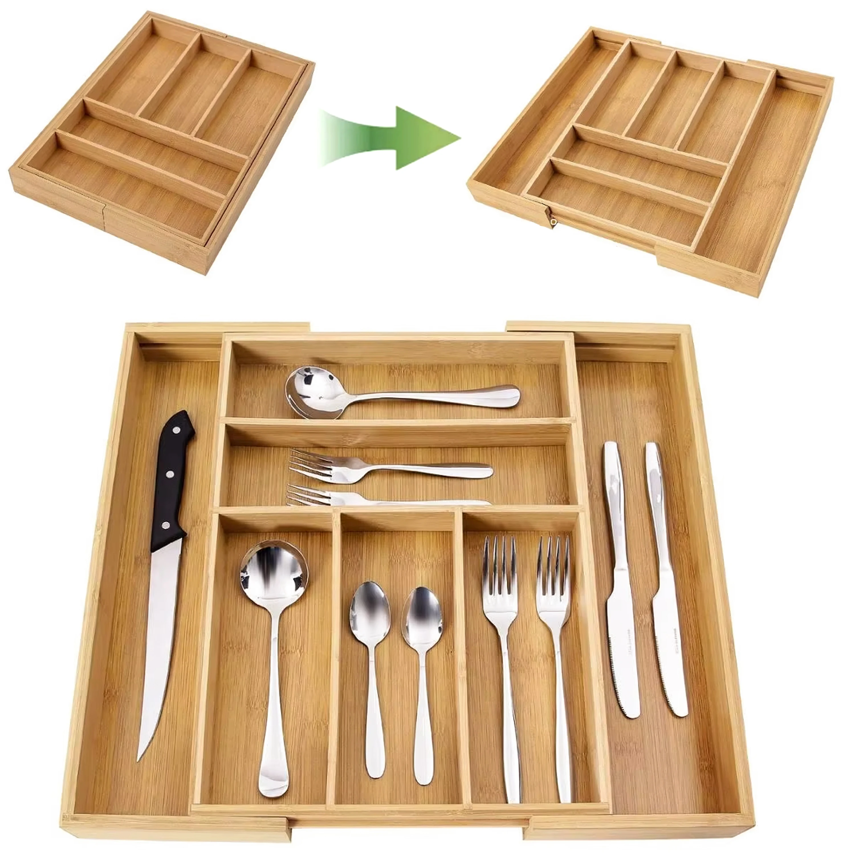 Bamboo Cutlery Tray Flatware Storage Container Expandable Kitchen Utensil Holder Adjustable Kitchen Drawer Organizers