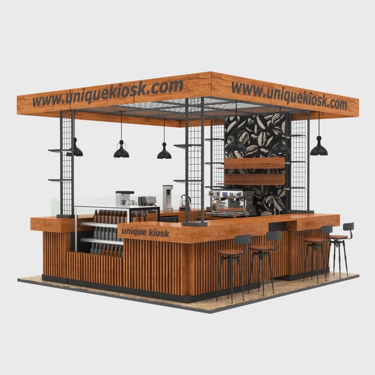 Wooden strip coffee kiosk mini cafe indoor booth design