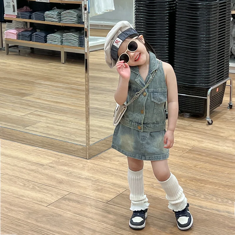 2024 New Fashion Summer Sleeveless Denim 2pcs Suits Sweet Girls Dress   H831f221c34c543098394179fcf23edcet 