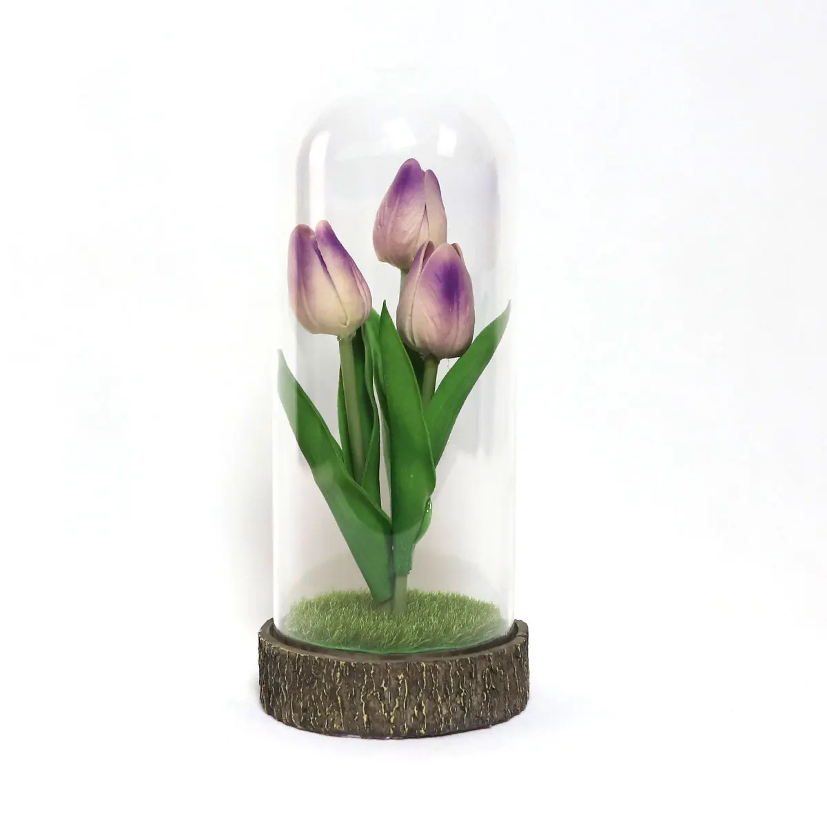 Modern artificial flower glass dome with wooden base elegant purple tulip decorative led lighted home decor