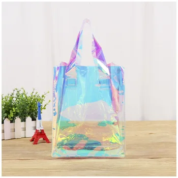 Wholesale PVC Laser Bags Stand up Pouch with Handles Printable Logo for Clothing and Photo Frame Packaging