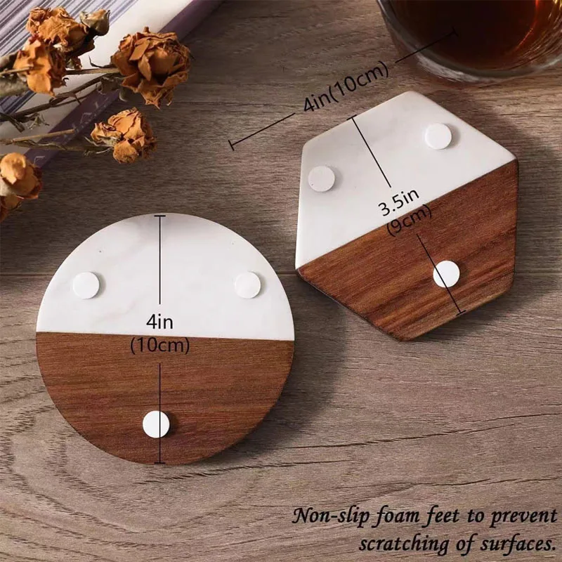 Marble Acacia Wood Heat Resistant Coffee & Tea Coaster Customizable Logo preview 4