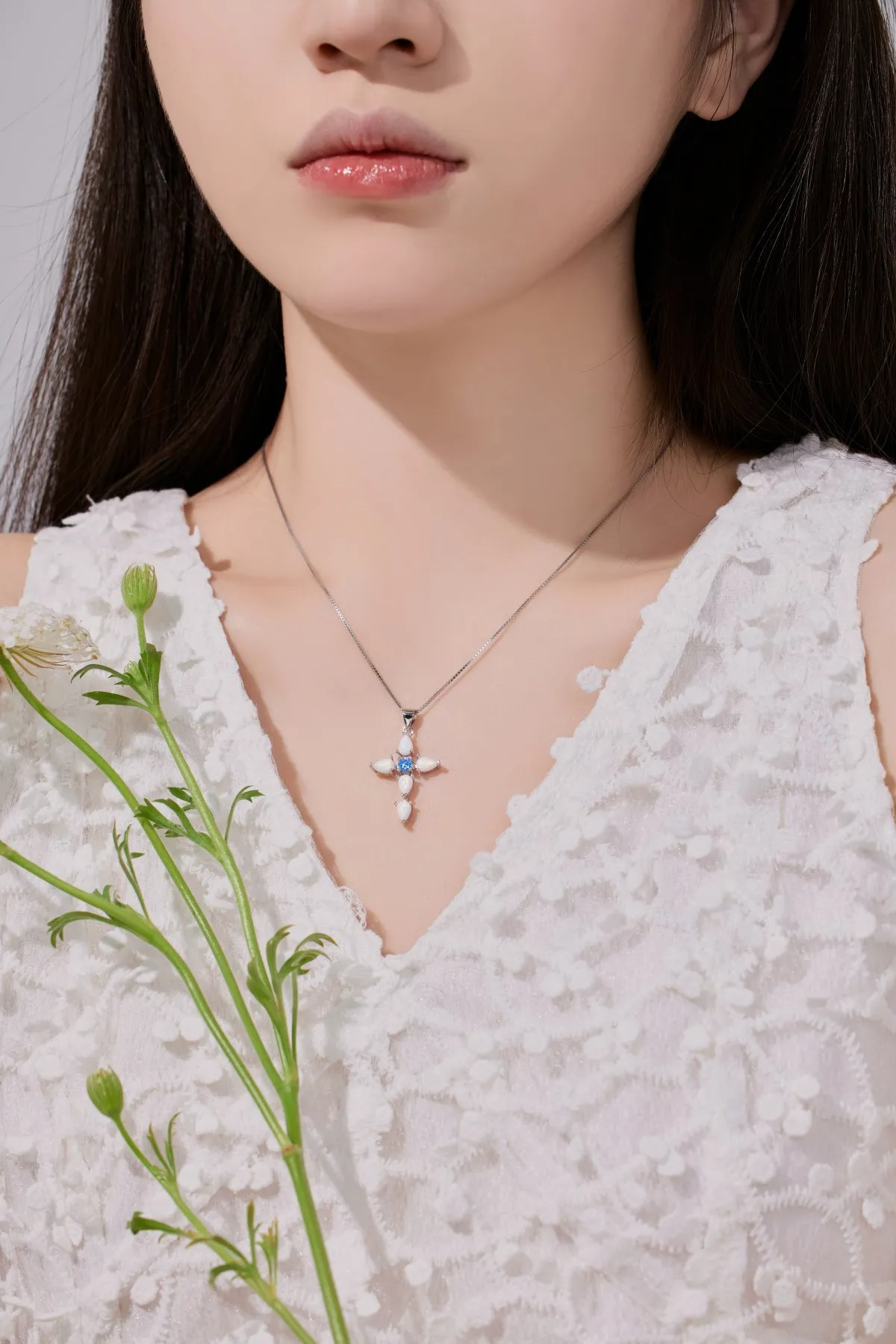 KAKODIY CZ Zirconia Blue Fire Opal Cross Pendant Women's Necklace 925 Sterling Silver Lucky Long Chain 18K Gold Plated Necklace for Women detail 2