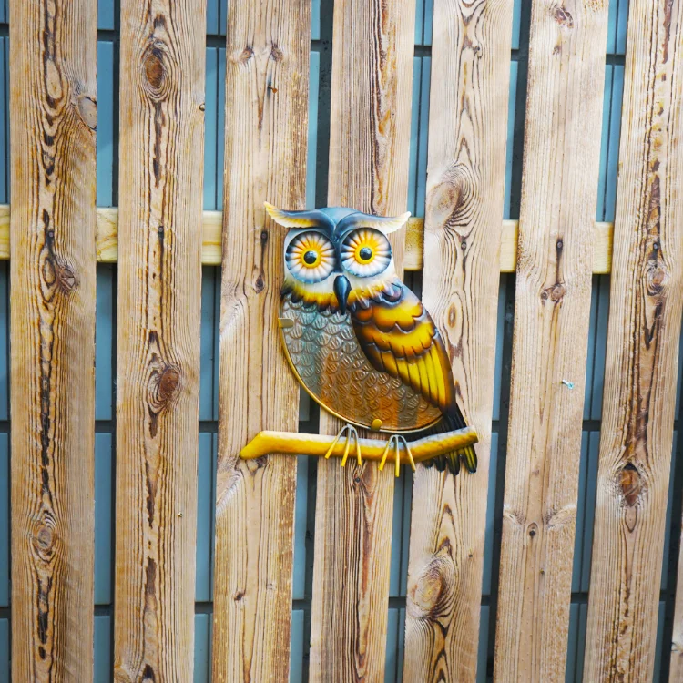 Metal Glass Owl Outdoor Wall Hanging Metal Owl Wall Outdoor Hanging Art Brown Glass Bird Sculpture For Patio