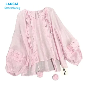 OEM Customized Women's Pull Over Tops Light Weight Sheer Solid Color V-neck Ruffled Details Long Sleeve Blouse Causal Shirts