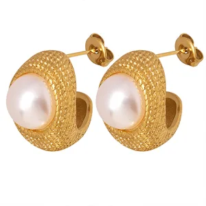 New Trendy 18k Gold Plated Titanium Steel Imitation Pearl C Shape Hoop Earrings Fashion Hoop Earings Jewlery for Women