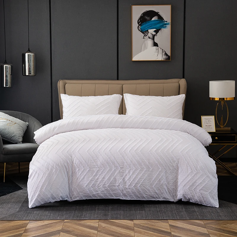 New design 100% polyester fabric white hotel APPLIQUE bed linen bedding set bed sheet duvet cover set