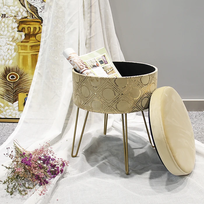 HStex Luxury Sequins Folding Velvet Gold Metal Legs Stool Modern Chair Seat Mirrored Ottoman