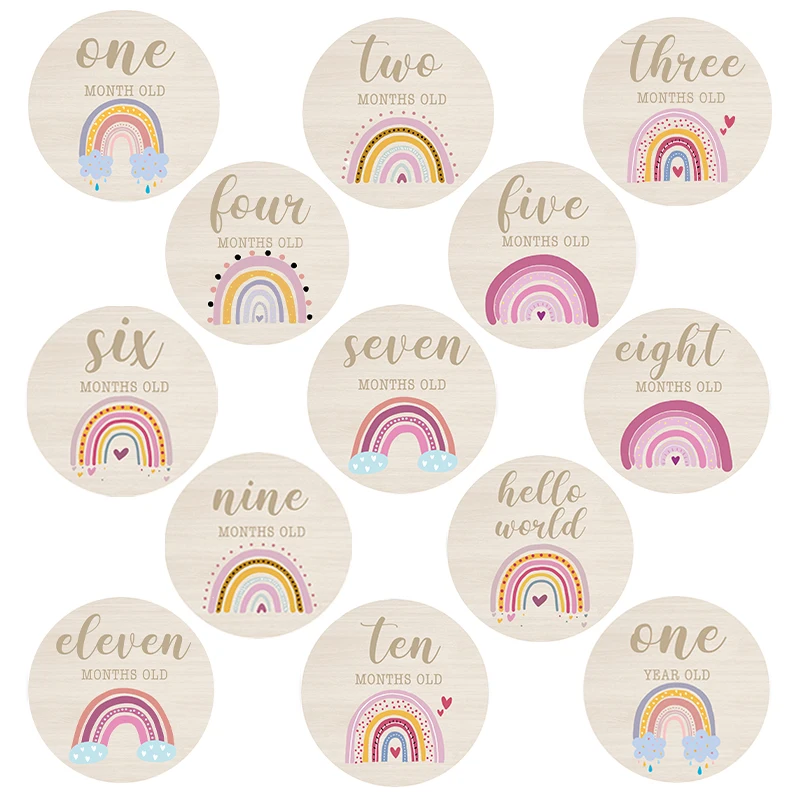 Wooden Baby Milestone Monthly Cards Discs With Rainbow Photo Props