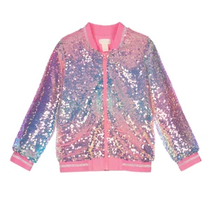Custom Kids Gradient Zipper Jacket Trendy Sequins Girl's Bomber Girls Sequin Bomber Jacket