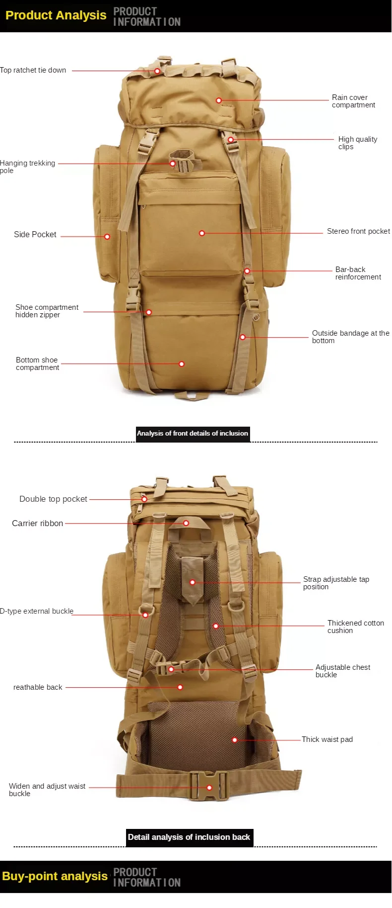 65L Camping Molle Bag Waterproof Mountaineering Large Capacity Tactical Travel Backpack for Hiking Climbing details