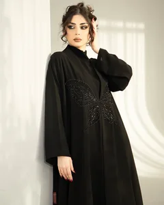 Oem Odm Suadi Dubai Modest Long Sleeve  Fashion Muslim Women Open Abaya CustomMade Elegant Open Intricate Embroidery and Beading