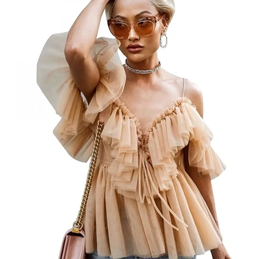 Summer Elegant Slim Women Short Sleeve Blouses Gauze Sexy V-neck Backless  Tops Off Shoulder Ruffled Shirts 366403 - Buy Summer Elegant Slim Women  Short Sleeve Blouses Product on Alibaba.com