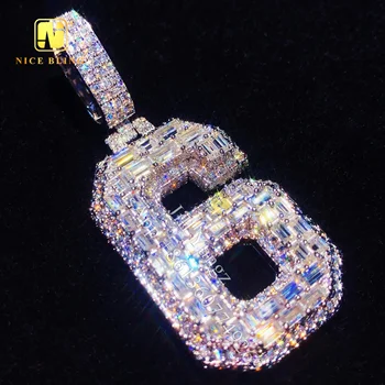 Custom Jewelry Maker Custom Number Pendant 6 Baguette Diamond Moissanite Pendant Iced Out Jewelry Cuban Chain Hip Hop Rock