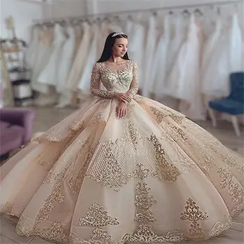 Qd1588 Luxury Champagne Quinceanera Dresses 2023 Lace Appliqued Crystal ...