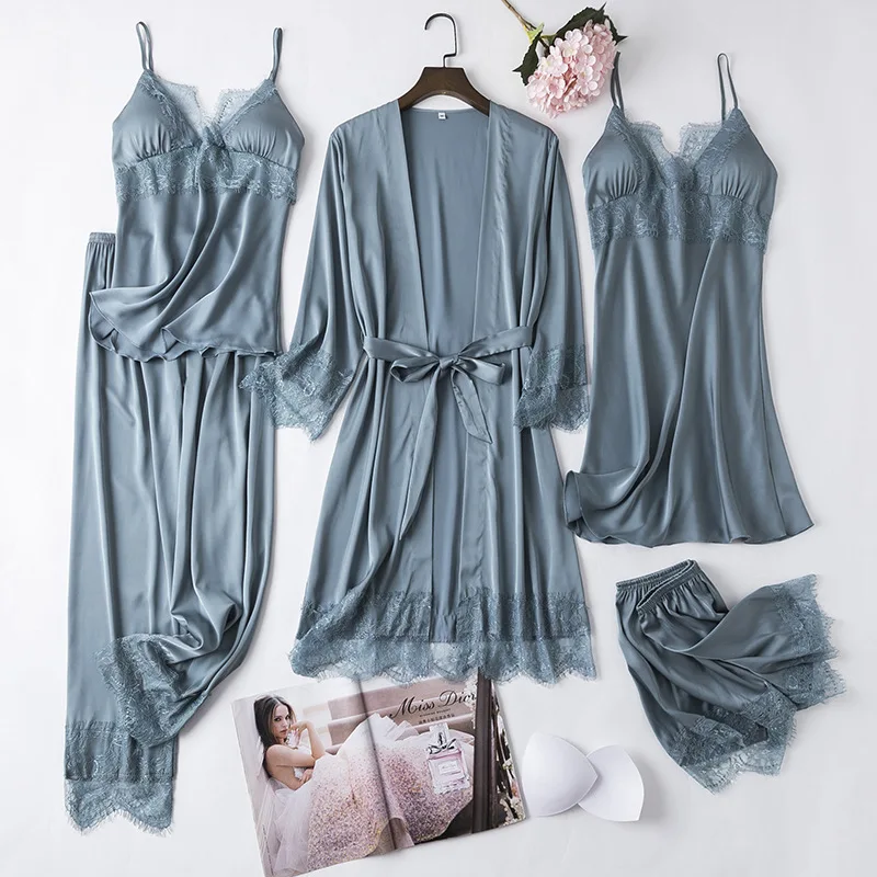 Women 5PCS Chemise Bride Wedding Robe Nightgown Sleepwear Kimono Bathrobe Lingerie Sexy Full Slip Lace White Silk Pajamas Set