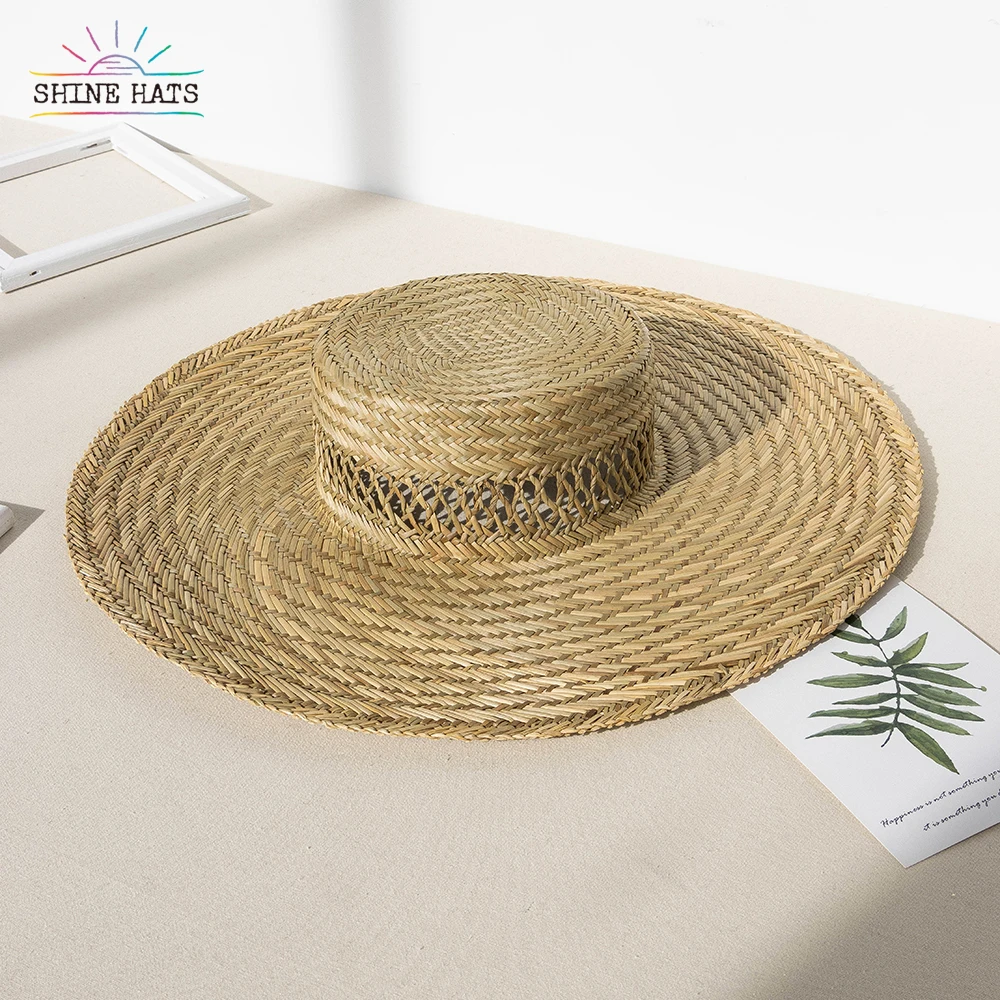 Shinehats Hot Sale Handmade Woven Wide Brim Hollow Grass Boater Sombrero  Paja Outdoor Sun protection Beach Flat Top Straw Hat