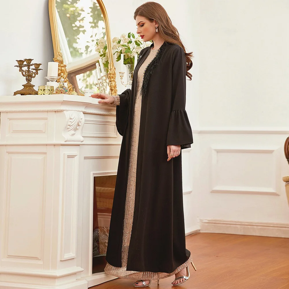 Modest Muslim Women's Elegant Evening Sequins Chiffon Abaya - 183 Black
