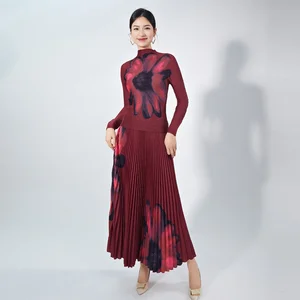 Miyake Women's Casual Two-Piece Set Pleated Elastic Printed Top and Skirt Long-Sleeved Polyester Fabric With Stylish Pattern