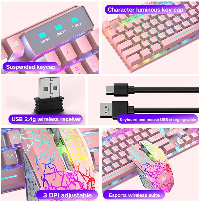ZIYOULANG T3 Pink Wireless Gaming Keyboard & Mouse Combo