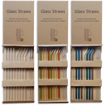 Wholesale 10 Pieces Pack 10mm Reusable Borosilicate Glass Straw Set with Brush compatible with 40oz Tumbler Accessories