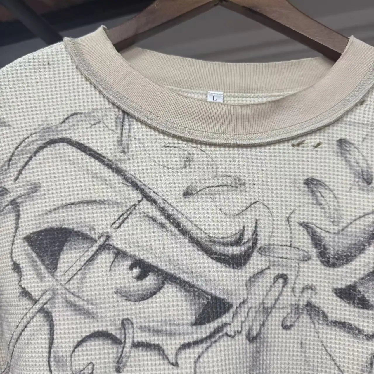 Custom Drop Shoulder Waffle Graphic Print Thermal Double Layered Collar Distressed Streetwear T-shirt Cropped t Shirts Men gallery 4
