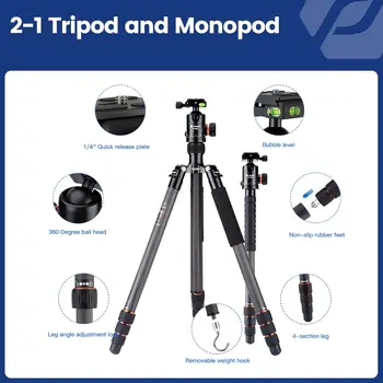 Fotopro 68" Carbon Fiber Travel Tripod Detachable Monopod Heavy Duty Camera Tripod with Ball Head detail image