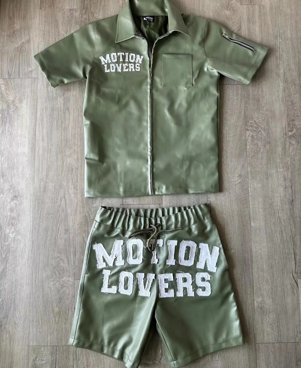 Custom Mens Zip up Pu Lapel Jacket Shorts Set Patches Embroidery Leather Short Sleeve Jacket and Sweat Shorts Set for Men gallery 4
