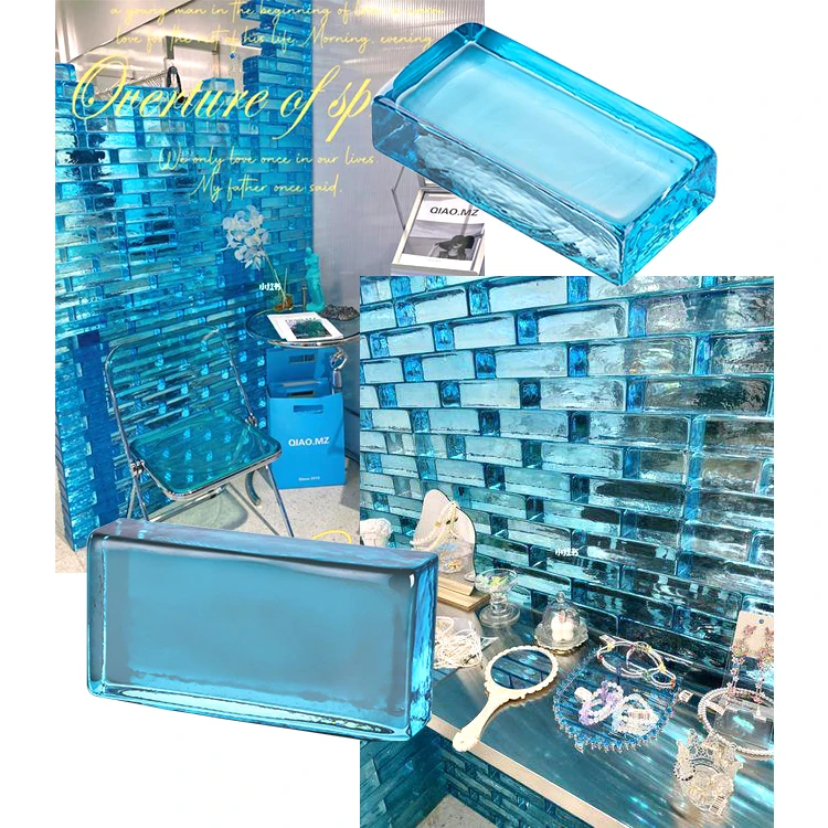 Blue Color Glass Brick Block for Showcase Wall Crystal Hot Melt Building Glass Blocks Bricks Rectangular Solid Glass Bricks Wall
