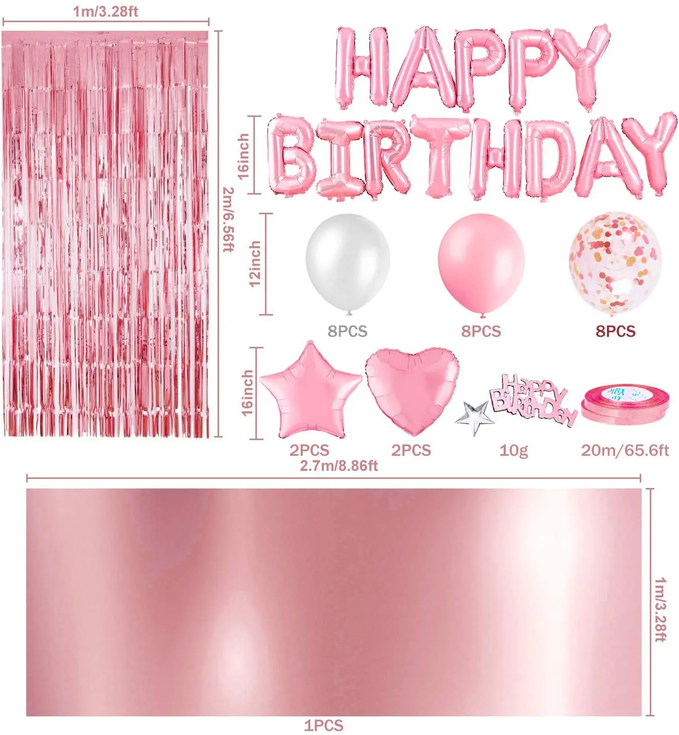 Happy Birthday Pink Balloons Set Foil Number Balloon Banner First Baby Girl  Party Decorations - Buy 1 Set 12inch Adult Happy Birthday Gold Confetti