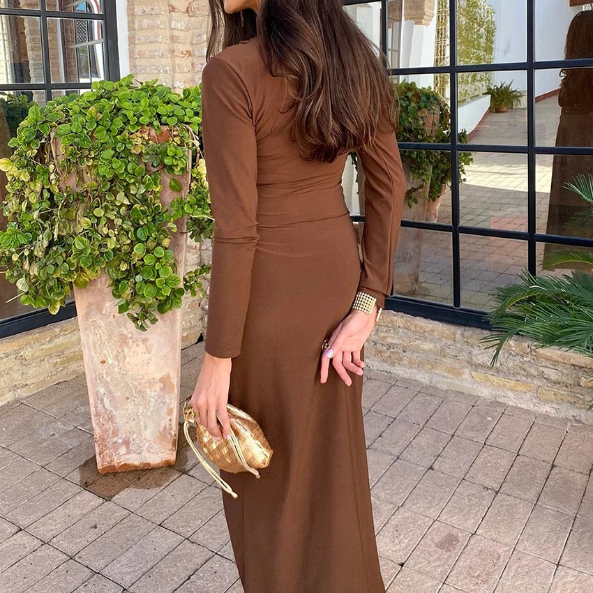 Fashion Brown Women's Long Dress Elegant Pleated High Waist Dresses Female  Casual O-Neck Straight Dress for Women