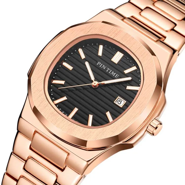 PINTIME PT1520 Stylish Gold Unisex China Quartz Watch Vintage Steel Band Waterproofing Watch Date Display Business Watch Design