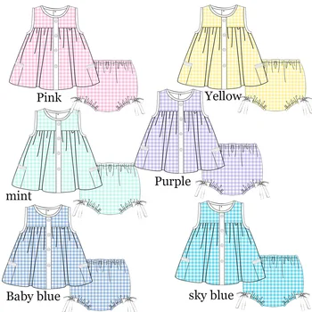 Summer boutique children's wear sleeveless seersucker clothing set 100% woven cotton little girls 2pcs set