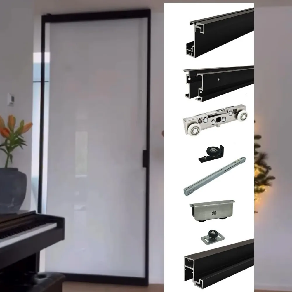 Slim Frame Trackless Ghost Gate Hardware Kits Home Kitchen Sliding Door Save Space Glass Mirror Magic Door System