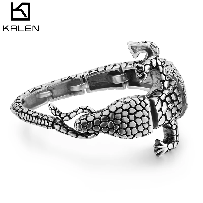 KALEN Men's Stainless Steel Crocodile Bracelet - Punk Silver