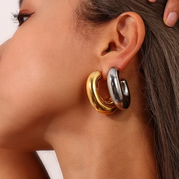 Dreamshow Glossy Chunky J Shape 18K Gold Plated Jewelry Stainless Steel Hoop Earring Non Tarnish Earring Women Jewelry