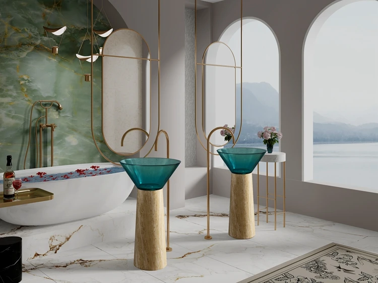 Designer Style Travertine Pedestal and Blue Transparent Resin Wash Basin Minority Art Free Standing Bathroom Sink for Hotel
