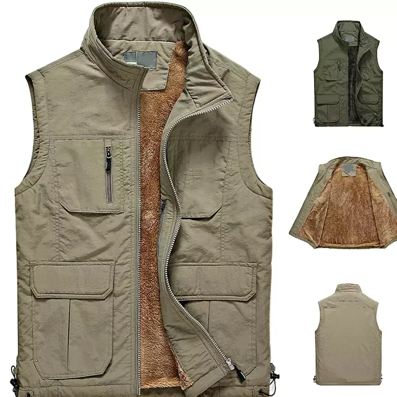 Custom Service Mutil-pockets Practical Fishing Hiking Winter Fleece Sleeveless Plain Color Men Outdoor Vest Jacket_voghion.com