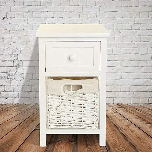 Bedside Table Storage Unit with Wicker Storage Basket