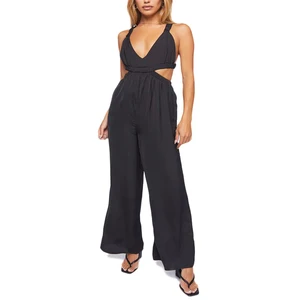 Women Loose Sleeveless Sexy Cut-out Jumpsuit Cross Back Deep V Neck Wide Leg Black Jumpsuit One Piece Rompers for Ladies