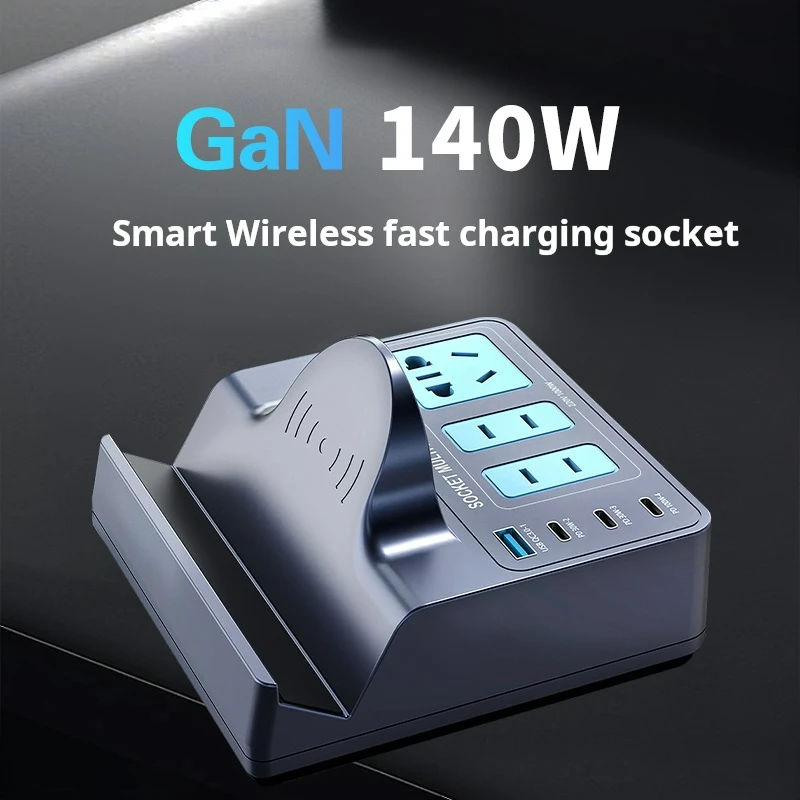 3 Chap 1 QC 3 PD 140W 7 Ports Fast GaN Wireless Charging Socket Desktop Station for iPhone Switch Airpods