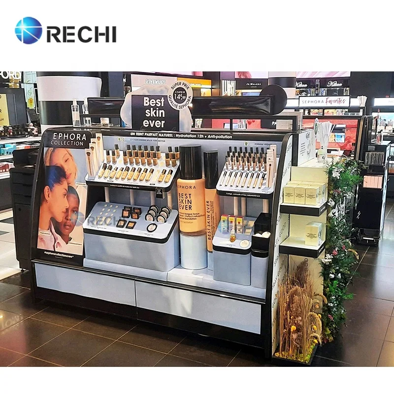 RECHI Cosmetic Store Fixture Counter Acrylic Makeup Retail Display Stand Skincare Showcase Kiosk Furniture Beauty Shop Design