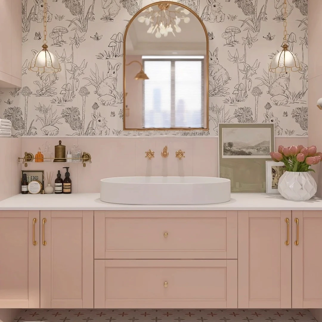 Princess Room Pink Color Luxury Style Bathroom Cabinet High End Beautiful Furniture Children Room Mirror Modern Vanity