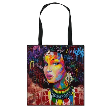 African Black Girl Print Women Fashion Tote Bag Young Girl Foldable Shoulder Bag Ladies Reusable Large Capacity Shopping Pocket