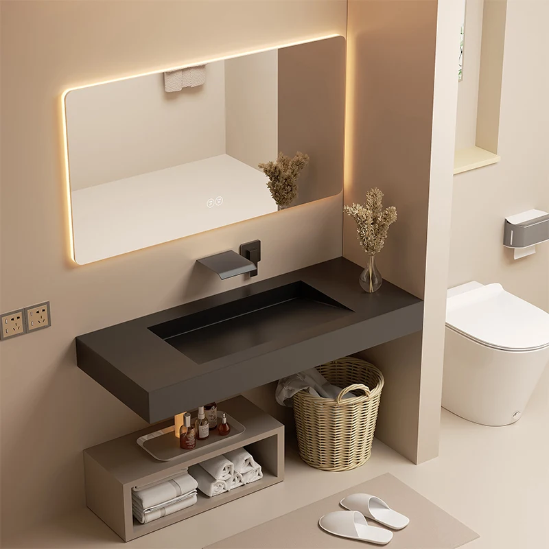 product high quality customized luxury rock slab fluted bathroom villa black sloping basin textured vanity with sink-6